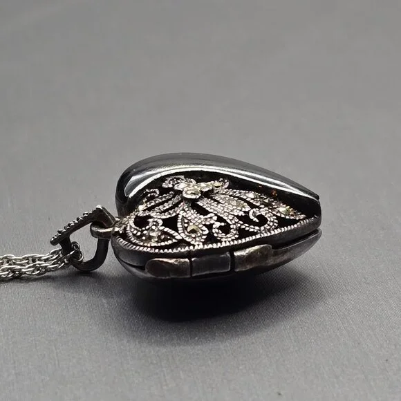 VTG FAS Sterling Silver Marcasite Onyx Heart Locket Pendant 1" Cutouts Signed - Picture 4 of 13